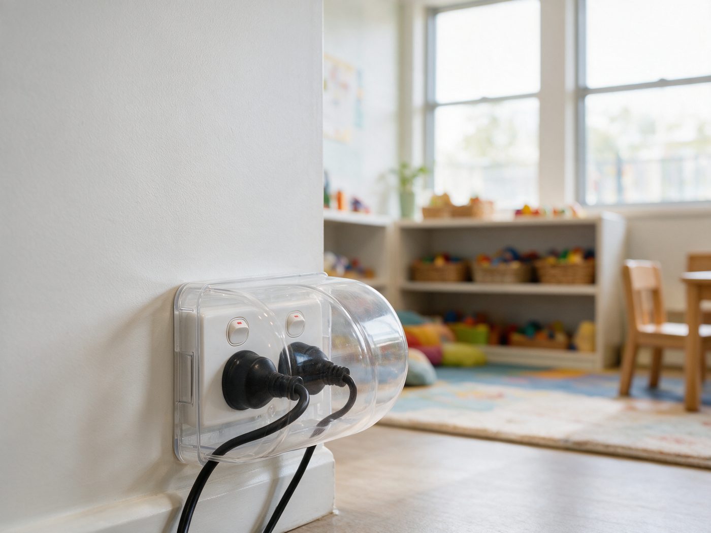 A Micky Ha Ha cover fitted over a low power point in a childcare playroom, with toy shelving and a play mat behind