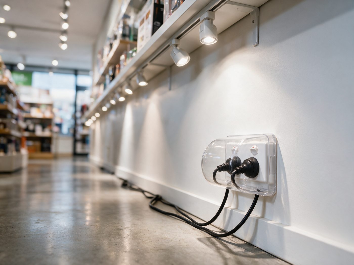 A Micky Ha Ha cover fitted over a power point below a retail display wall, with the display lighting cords running along the skirting