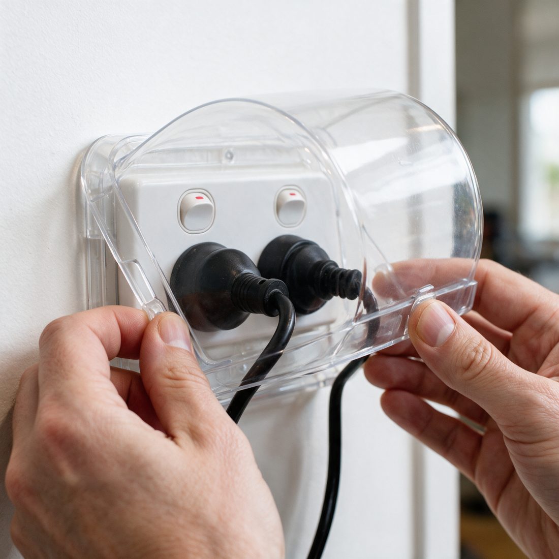 Two adult hands squeezing the catches on both sides of the cover to lever it off its base