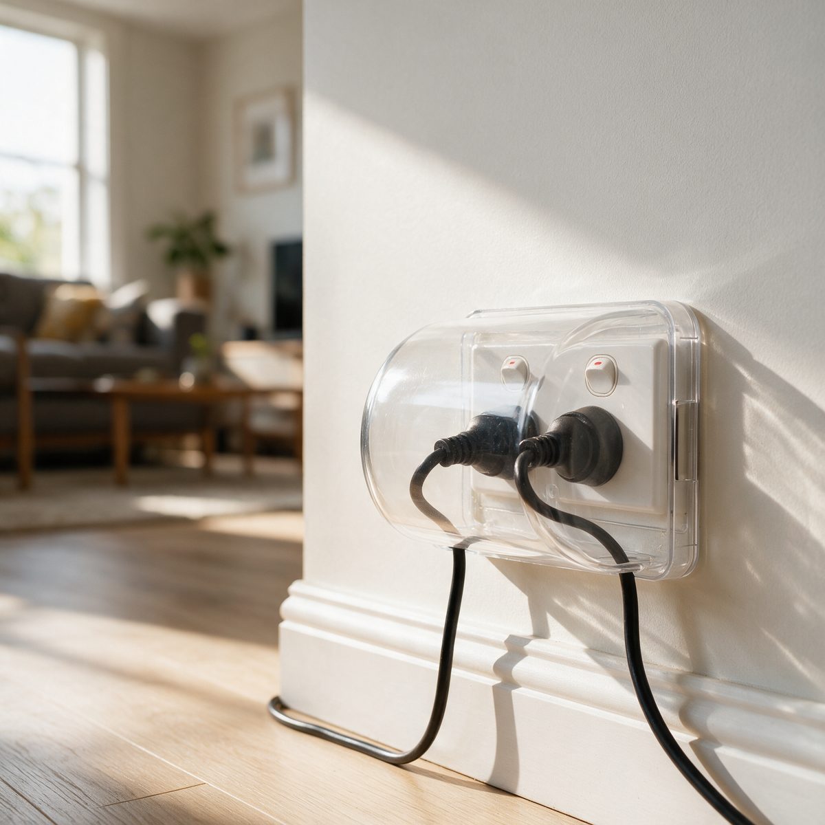 A Micky Ha Ha Power Point Safety Cover fitted over a double power point in a family living room, with two appliances still plugged in