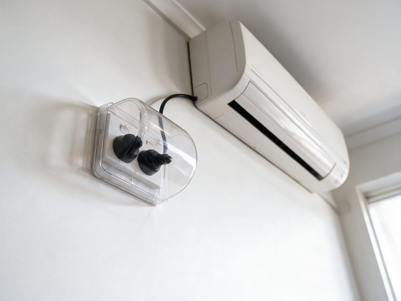 A cover rotated so the air conditioner cord exits from the top of the dome and runs up to the wall unit