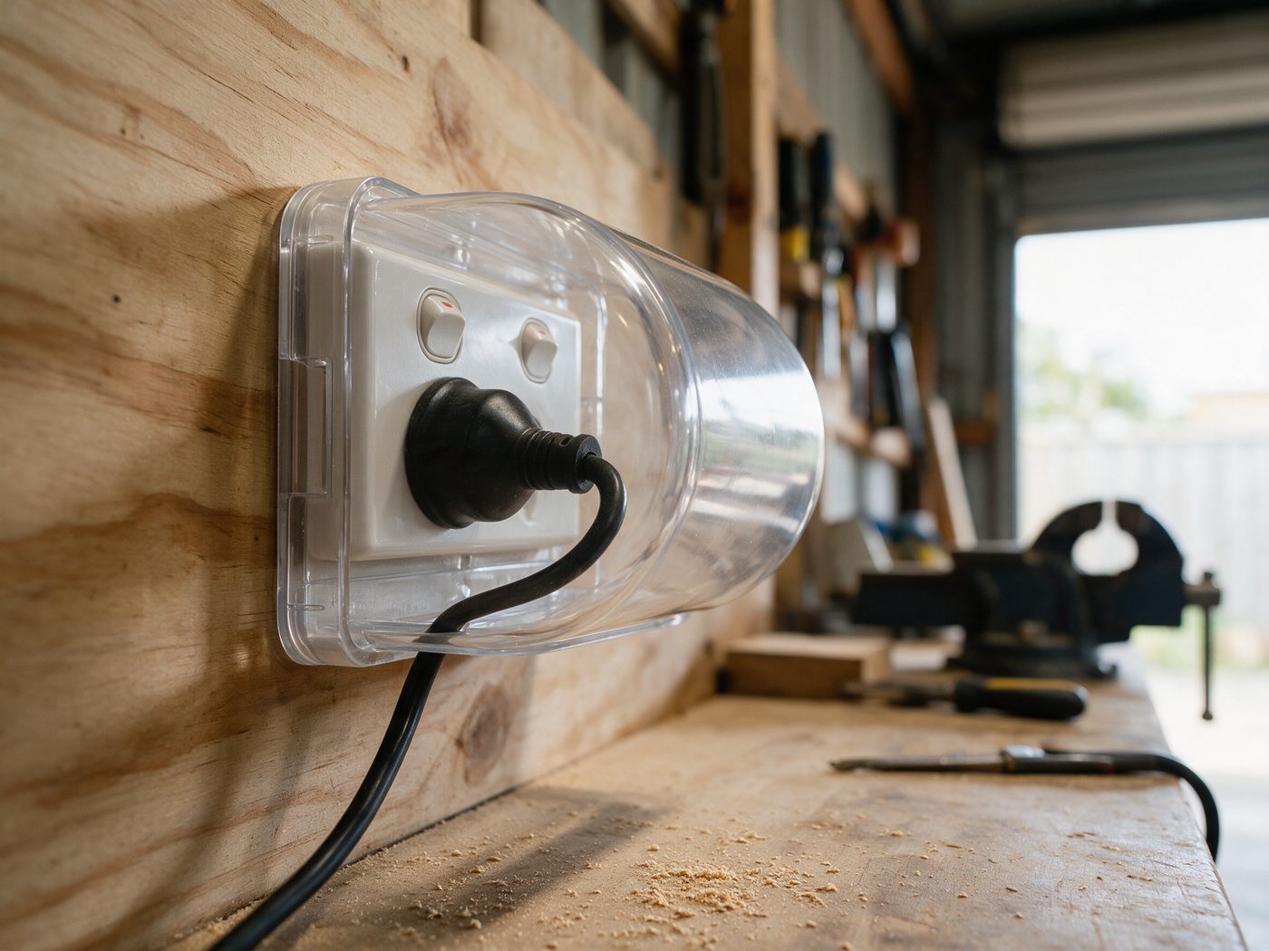 A Micky Ha Ha cover keeping sawdust off a power point above a workshop bench