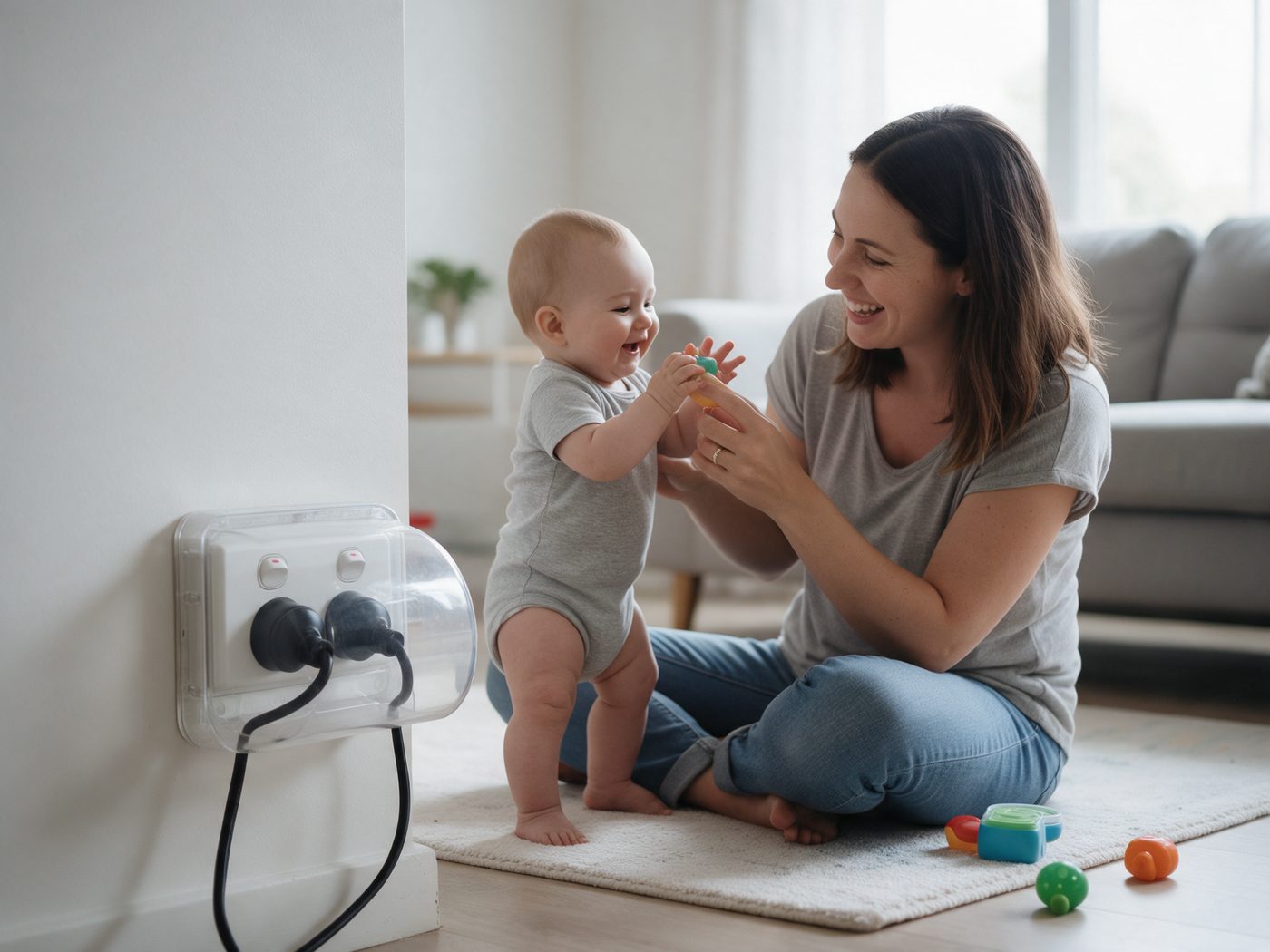 A mother sitting on the floor with her baby beside a covered power point